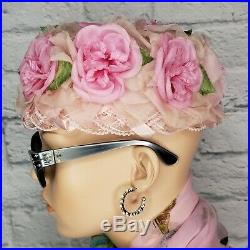 Vintage 1960's Pink Rose Millinery Floral Birdcage Pillbox Hat Union Label LUXE