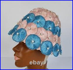 Vintage 1960s Bucket Hat Blue Amd Pink Straw With Faux Pearls Beehive Hat Disco