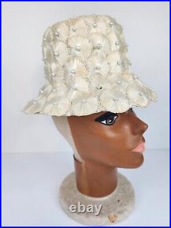 Vintage 1960s Bucket Hat White/cream Straw With Faux Pearls Beehive Hat Disco