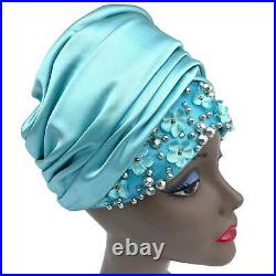 Vintage 1960s Christian Dior Blue Satin Flower Rhinestone Turban Hat Original Ta