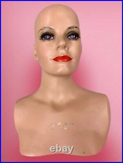 Vintage 1960s Female Woman Mannequin Bust Wig Hat Jewelry Scarf Head Used 60s