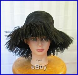 Vintage 1960s Hat by Mr. John Wide Brim Black Feathers Ostrich