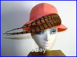 Vintage 1960s NAN DUSKIN Pale Peach Felt Hat with Feather Fascinator in Box