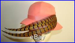 Vintage 1960s NAN DUSKIN Pale Peach Felt Hat with Feather Fascinator in Box