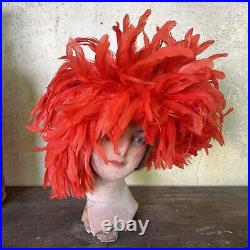 Vintage 1960s Red Boa Feather Plume Headpiece Hat Wig Voluptuous