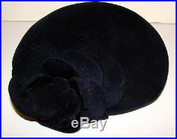 Vintage 1960s YVES ST. LAURENT YSL Navy Felt Velour Hat Beret with Flower