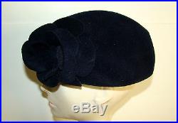 Vintage 1960s YVES ST. LAURENT YSL Navy Felt Velour Hat Beret with Flower