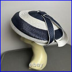 Vintage 1960s Yves St. Laurent Designer Straw Navy Blue White Striped Hat