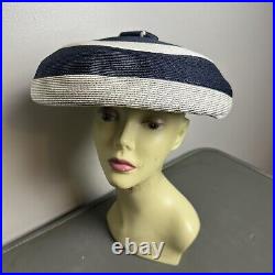 Vintage 1960s Yves St. Laurent Designer Straw Navy Blue White Striped Hat