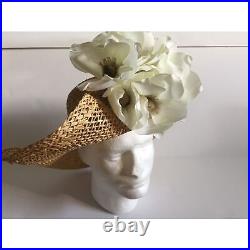 Vintage 1970's Women's Hand Woven Straw Hat With Floral Bouquet Mini Square