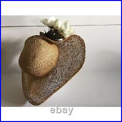 Vintage 1970's Women's Hand Woven Straw Hat With Floral Bouquet Mini Square