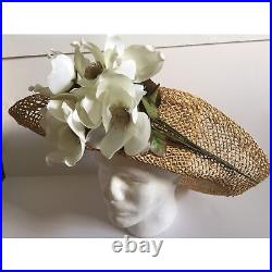 Vintage 1970's Women's Hand Woven Straw Hat With Floral Bouquet Mini Square