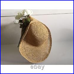 Vintage 1970's Women's Hand Woven Straw Hat With Floral Bouquet Mini Square