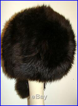 Vintage 1970s Dark Chocolate Brown Lamb Fur Hat with Pompom Ties