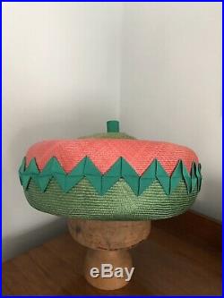 Vintage 1980s Philip Treacy Hat In Jade Green/coral Pink