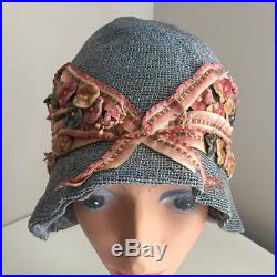 Vintage 20s Cloche Hat Straw Summer Flowers Blue and Pink 1920s 30s 1930s