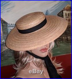 Vintage 20th Century Straw Ladies Boater Hat With Scarf Sun Wide Flat Brim 40's