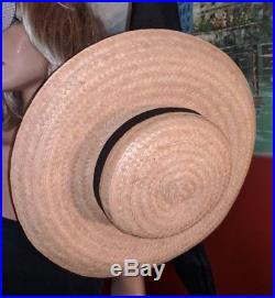Vintage 20th Century Straw Ladies Boater Hat With Scarf Sun Wide Flat Brim 40's