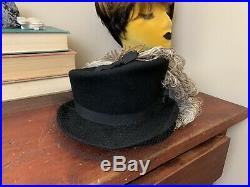 Vintage 30s 40s Tilt Hat With Feathers Top Hat Riding Hat