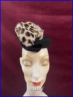 Vintage 30s 40s Tilt Leopard Hat Fascinator Black Felt Bow Wedding Beret Style