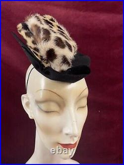 Vintage 30s 40s Tilt Leopard Hat Fascinator Black Felt Bow Wedding Beret Style