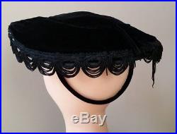 Vintage 40's wide brim black velvet hat with rhineston hooped trim