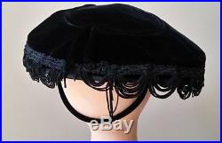 Vintage 40's wide brim black velvet hat with rhineston hooped trim