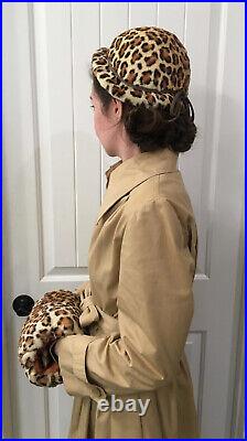 Vintage 40s 1950s hat and muff real fur wool faux leopard (Extremely Unique)