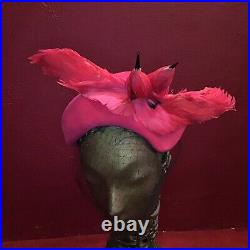 Vintage 40s 50s 60s Fuchsia Bird Hat Feathers Velvet Fishnet