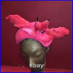 Vintage 40s 50s 60s Fuchsia Bird Hat Feathers Velvet Fishnet