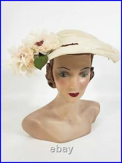 Vintage 40s 50s Platter Hat in Cream Silk