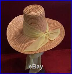 Vintage 40s 50s Straw Hat High Crown Wide Brim Raffia Happy Cappers