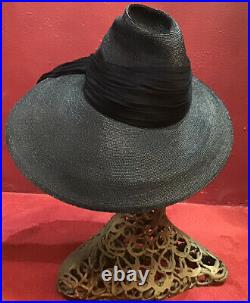 Vintage 40s 50s Straw Hat Raffia Black Catwheel Henri Fifth Avenue Tilt