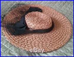 Vintage 40s Eunice Ray Original Straw Wide Brim Hat Black Ribbons