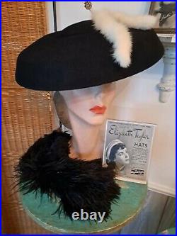 Vintage 40s Hat Rare ELIZABETH TAYLOR Design & Her Label! Blk Felt Saucer Fab