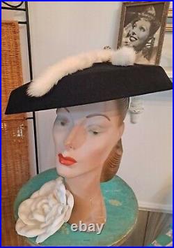 Vintage 40s Hat Rare ELIZABETH TAYLOR Design & Her Label! Blk Felt Saucer Fab