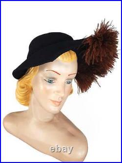 Vintage 40s Hat Sculptural Black Felt With Feathers