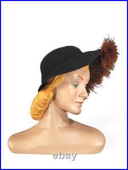 Vintage 40s Hat Sculptural Black Felt With Feathers