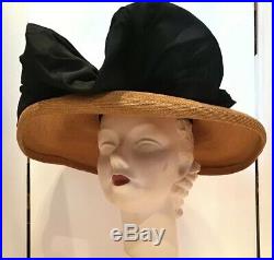 Vintage 40s Hat Straw & Silk Beach Tilt Saucer Wide Brim