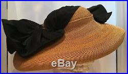 Vintage 40s Hat Straw & Silk Beach Tilt Saucer Wide Brim