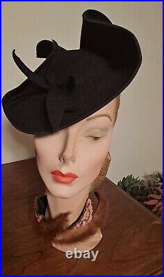 Vintage 40s Hattie Carnegie Hat, Classy Hollywood Glam Design, Blk Felt, Fab