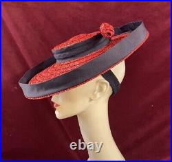 Vintage 40s Straw Hat Tilt Raffia Pin Betty Co Ed Red Navy Saucer 30s Antique