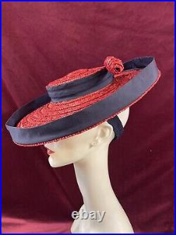 Vintage 40s Straw Hat Tilt Raffia Pin Betty Co Ed Red Navy Saucer 30s Antique