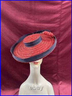 Vintage 40s Straw Hat Tilt Raffia Pin Betty Co Ed Red Navy Saucer 30s Antique