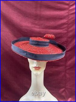 Vintage 40s Straw Hat Tilt Raffia Pin Betty Co Ed Red Navy Saucer 30s Antique