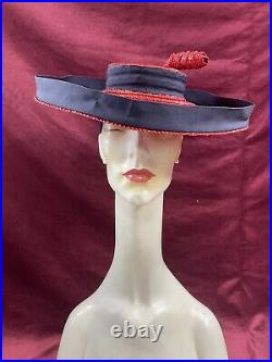 Vintage 40s Straw Hat Tilt Raffia Pin Betty Co Ed Red Navy Saucer 30s Antique