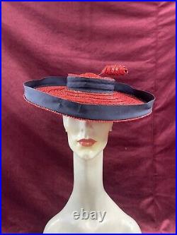 Vintage 40s Straw Hat Tilt Raffia Pin Betty Co Ed Red Navy Saucer 30s Antique