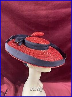 Vintage 40s Straw Hat Tilt Raffia Pin Betty Co Ed Red Navy Saucer 30s Antique