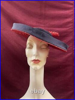 Vintage 40s Straw Hat Tilt Raffia Pin Betty Co Ed Red Navy Saucer 30s Antique