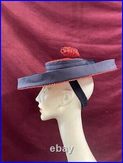 Vintage 40s Straw Hat Tilt Raffia Pin Betty Co Ed Red Navy Saucer 30s Antique